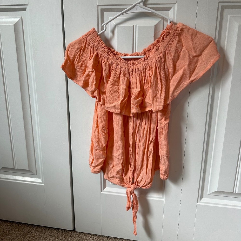 Express off the shoulder ruffle crop top with tie detail